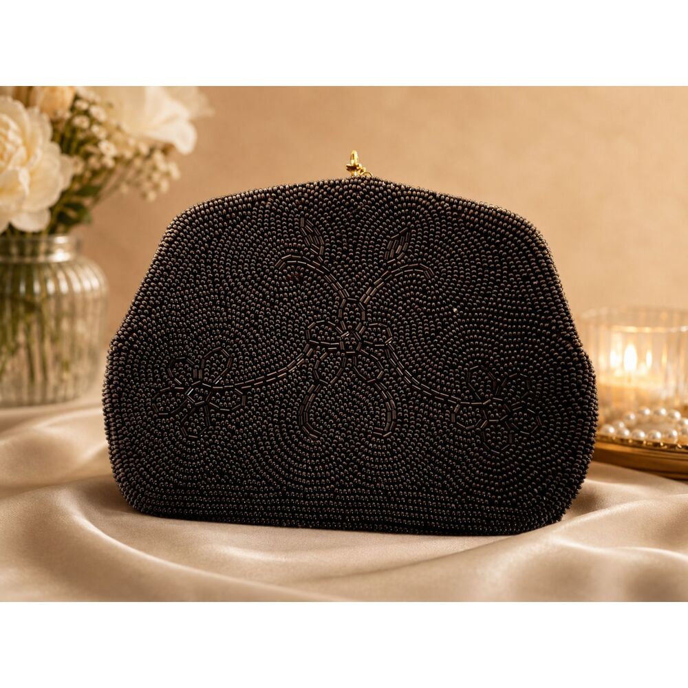 Vintage SAFECO Black Beaded Handbag Clutch Gold Chain Handmade Japan